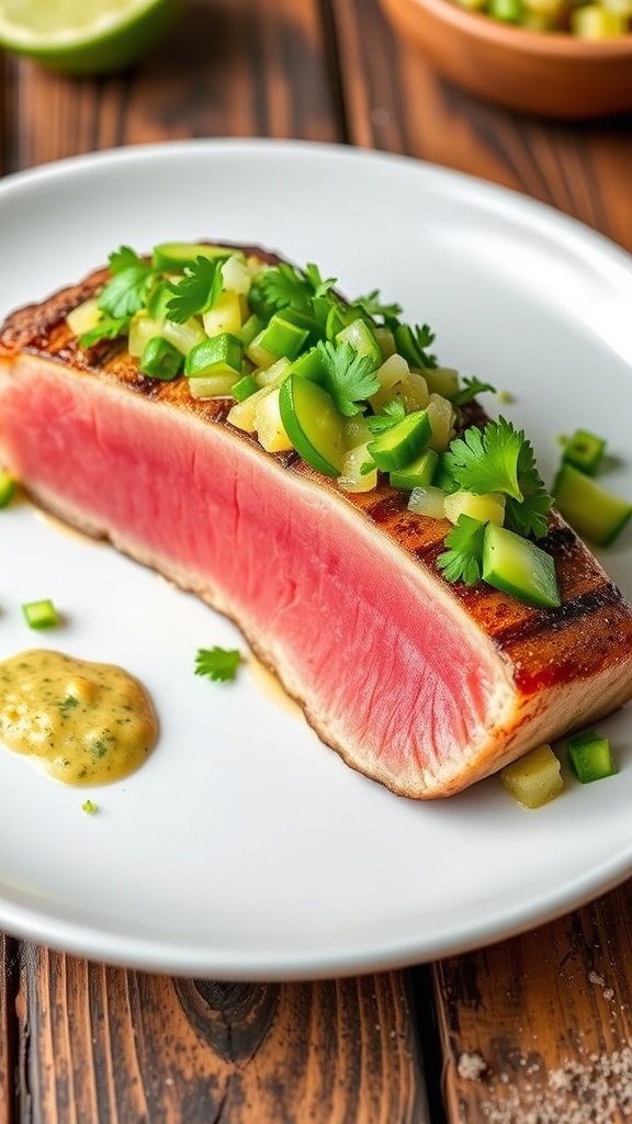 Pan-Seared Tuna Steak with Ceviche Sauce Pan-seared tuna steak with ceviche sauce, garnished with cilantro on a white plate.